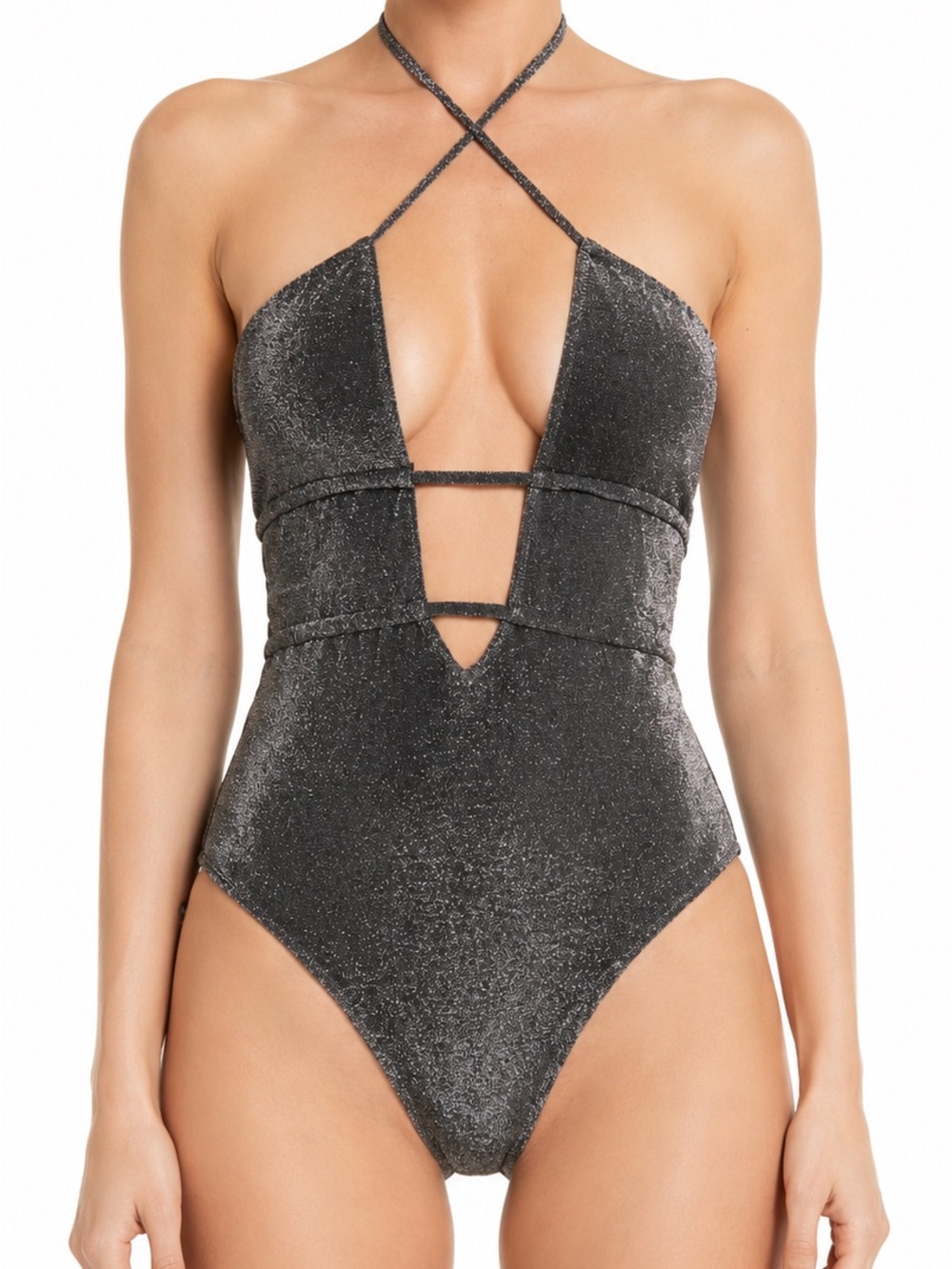 NWT Ramy Brook Marta Black Shimmer Metallic Plunge One-Piece Swimsuit Crisscross